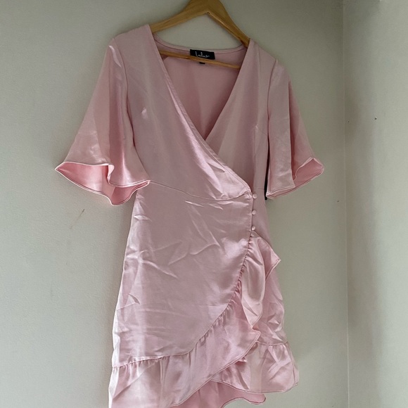 Lulus Pink Satin Wrap Dress - Picture 4 of 9